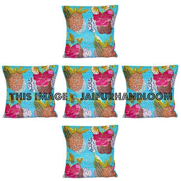 Christmas Gift 5pc indian kantha pillow in floral, gypsy kantha Pillow, Kantha Decorative throw Pillow, indian Pillow, Kantha Cushion Cover-Jaipur Handloom