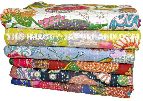Christmas Gift - SET OF 5 Kantha Quilts, Kantha Bedcovers,Hand Quilted Bedcovers, Blankets, throws Bedspread Bedding Flower Print 60x90 inch-Jaipur Handloom
