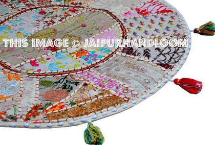 Christmas Gift XL 32" Round Floor Pillow floor Cushion in White gypsy Bohemian Patchwork floor cushion Vintage Indian Foot Stool Bean Bag-Jaipur Handloom