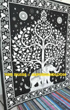 College dorm black and White Elephant Tapestry Tree of life Bedspread-Jaipur Handloom