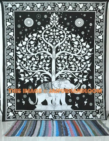 College dorm black and White Elephant Tapestry Tree of life Bedspread-Jaipur Handloom