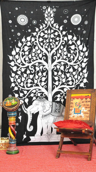 College tree tapestry black and white elephant tree of life tapestry-Jaipur Handloom