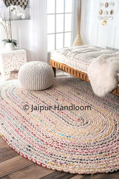 Cotton Chindi Rag Rugs | Oval Shape Braided Area Carpet Floor Mats 4 X 6 ft-Jaipur Handloom