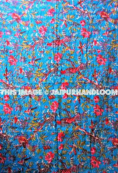 Cotton Indian sari kantha quilt, handmade reversible kantha blanket kantha throw bed cover bedding birds kantha bedspread bed cover tapestry-Jaipur Handloom