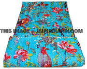 Cotton Indian sari kantha quilt, handmade reversible kantha blanket kantha throw bed cover bedding birds kantha bedspread bed cover tapestry-Jaipur Handloom