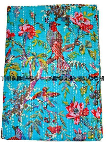 Cotton Indian sari kantha quilt, handmade reversible kantha blanket kantha throw bed cover bedding birds kantha bedspread bed cover tapestry-Jaipur Handloom