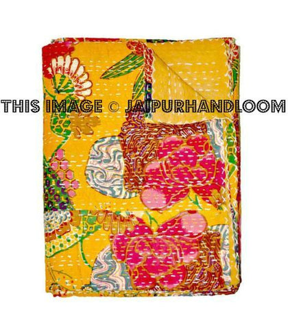 Cotton Sari Kantha Quilt , Floral Kantha Blanket, Kantha Bedspread, Kantha Throw, Kantha Bedding, queen kantha Blanket, Indian Sari Quilt