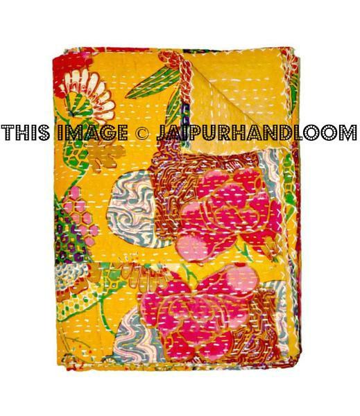 Cotton Sari Kantha Quilt , Floral Kantha Blanket, Kantha Bedspread, Kantha Throw, Kantha Bedding, queen kantha Blanket, Indian Sari Quilt