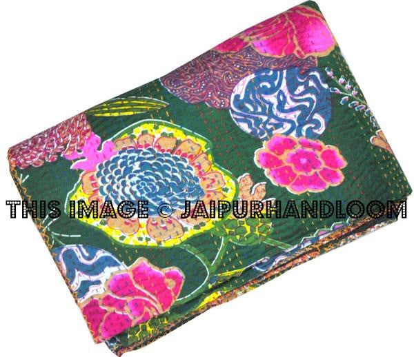 Cotton Sari Kantha Quilt In Green, Saree Indian Kantha Blanket Bedspread, Kantha Throw Bedding, queen kantha Blanket, Indian Sari Quilt-Jaipur Handloom
