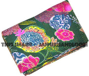 Cotton Sari Kantha Quilt In Green, Saree Indian Kantha Blanket Bedspread, Kantha Throw Bedding, queen kantha Blanket, Indian Sari Quilt-Jaipur Handloom