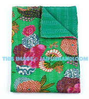 Cotton Sari Kantha Quilt In Green, Saree Indian Kantha Blanket Bedspread, Kantha Throw Bedding, queen kantha Blanket, Indian Sari Quilt-Jaipur Handloom
