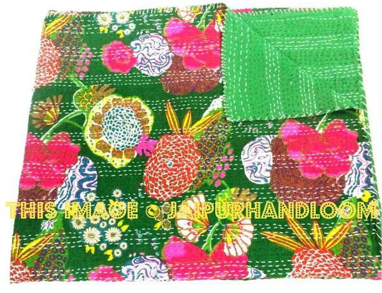 Cotton Sari Kantha Quilt In Green, Saree Indian Kantha Blanket Bedspread, Kantha Throw Bedding, queen kantha Blanket, Indian Sari Quilt-Jaipur Handloom