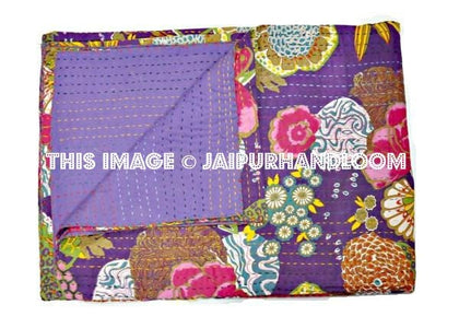 Cotton Sari Kantha Quilt In Purple, Indian floral Kantha Blanket handmade reversible Kantha Bedspread, Kantha Bedding, queen kantha Blanket-Jaipur Handloom