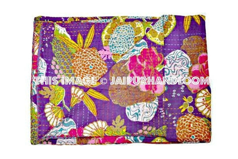 Cotton Sari Kantha Quilt In Purple, Indian floral Kantha Blanket handmade reversible Kantha Bedspread, Kantha Bedding, queen kantha Blanket-Jaipur Handloom