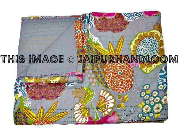 Cotton Sari Kantha Quilt in Twin Size, Reversible Kantha Bedspread Bedcover, Kantha Bedsheet, Sofa Throw Blanket