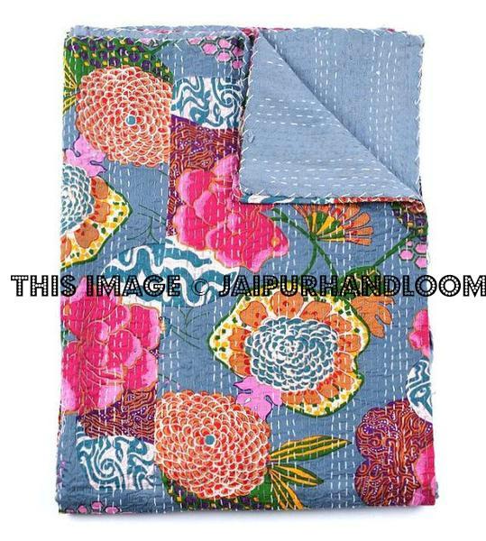 Cotton Sari Kantha Quilt in Twin Size, Reversible Kantha Bedspread Bedcover, Kantha Bedsheet, Sofa Throw Blanket