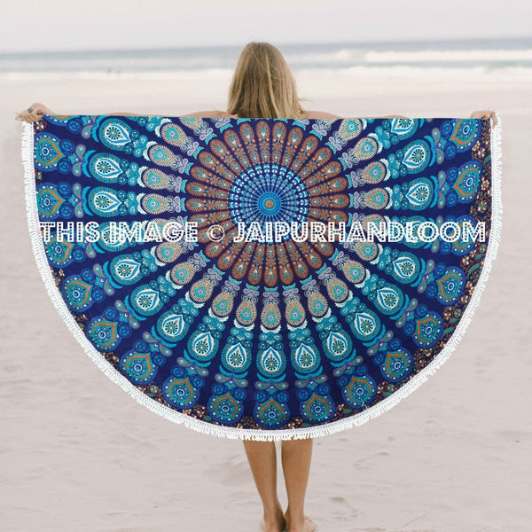 Cream Blue Peacock Round Mandala Tassel Beach Throw Towel Yoga Mat-Jaipur Handloom