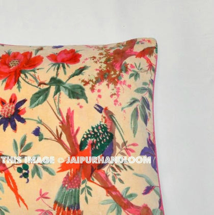Cream Velvet Pillow In Bird Print, Velvet Pillow Cover, Decorative Throw Pillow, Cushion Cover, Indian Pillow Cover, Floor Pillow-Jaipur Handloom