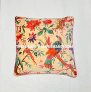 Cream Velvet Pillow In Bird Print, Velvet Pillow Cover, Decorative Throw Pillow, Cushion Cover, Indian Pillow Cover, Floor Pillow-Jaipur Handloom