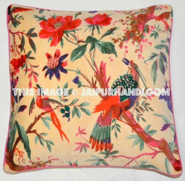 Cream Velvet Pillow In Bird Print, Velvet Pillow Cover, Decorative Throw Pillow, Cushion Cover, Indian Pillow Cover, Floor Pillow-Jaipur Handloom