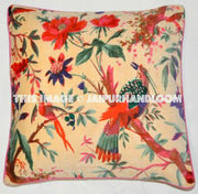 Cream Velvet Pillow In Bird Print, Velvet Pillow Cover, Decorative Throw Pillow, Cushion Cover, Indian Pillow Cover, Floor Pillow-Jaipur Handloom