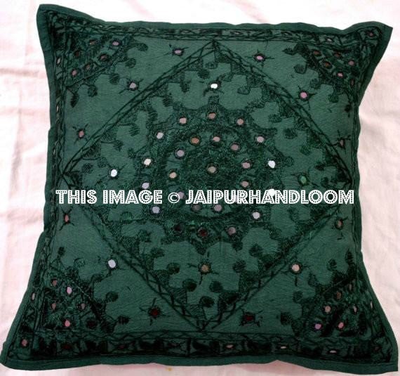 Decorative Green Mirror Work Pillow Throw Pillow Ethnic Indian Floor Pillow Sofa Pillow-Jaipur Handloom