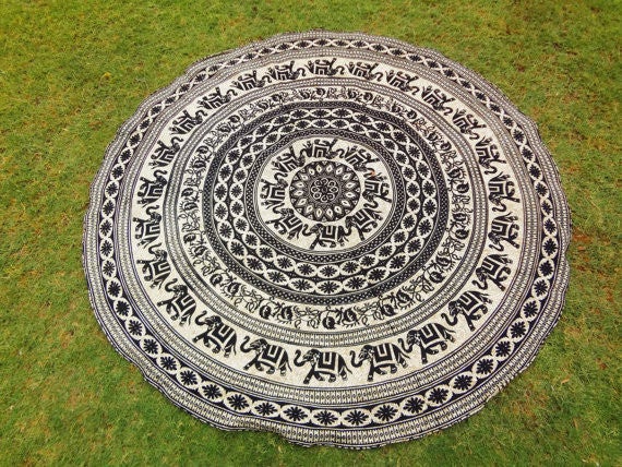 Elephant Mandala Beach Roundies Decorative Round Bed cover Boho Table Cloth-Jaipur Handloom