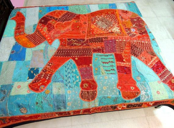 Elephant applique patchwork bedding indian embroidered bed cover blanket-Jaipur Handloom