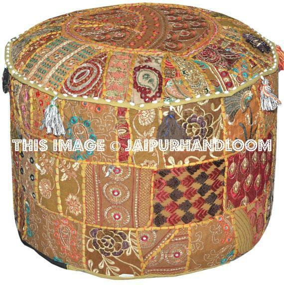 Embroidered Pouffe round cotton stool chair bench foot stool-Jaipur Handloom