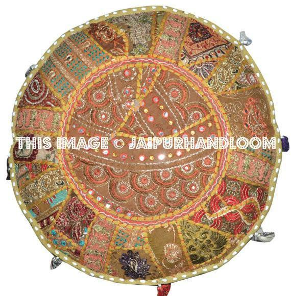 Embroidered Pouffe round cotton stool chair bench foot stool-Jaipur Handloom