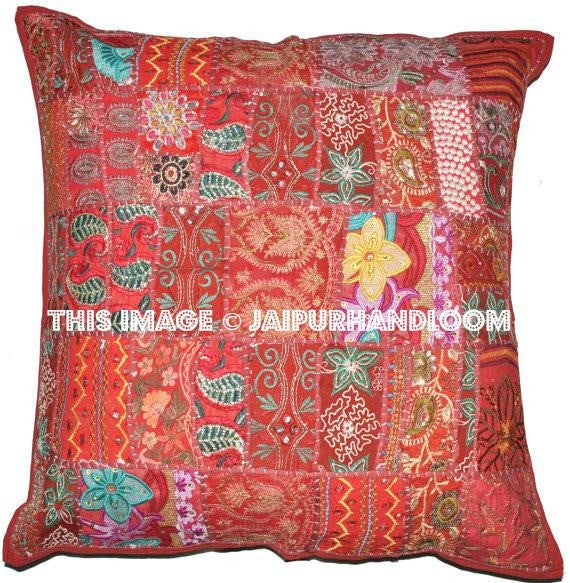 Extra Large 24" Red Throw Pillows for couch Indian Patchwork Euro Shams-Jaipur Handloom