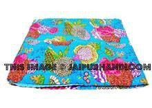 Floral Kantha Blanket In Turquoise, Handmade Kantha Bedspread, cotton kantha bedcover bedsheet, sofa throw-Jaipur Handloom