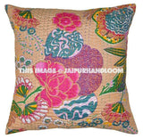 Floral Kantha Cushion covers in Beige color, Indian decorative throw pillows, Floor Pillow Cushion, Sofa Pillow, Meditation Pillows-Jaipur Handloom