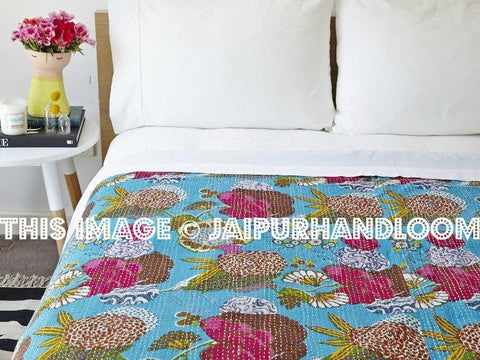 Floral Queen Kantha Quilt Sari in Blue Bedspread Blanket-Jaipur Handloom