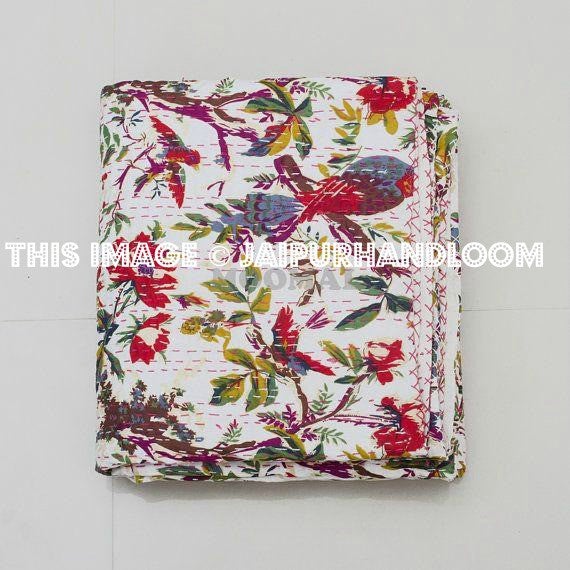Floral Quilt Kantha Quilt Queen Bed Cover India Bedding Bohemian Bedspread White-Jaipur Handloom