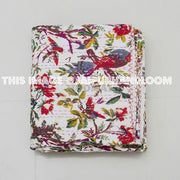 Floral Quilt Kantha Quilt Queen Bed Cover India Bedding Bohemian Bedspread White-Jaipur Handloom