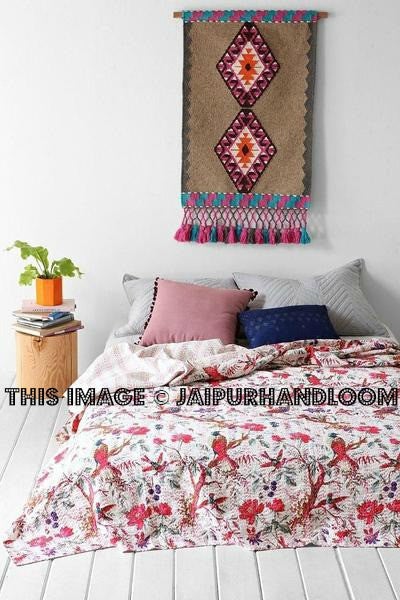 Floral Quilt Kantha Quilt Queen Bed Cover India Bedding Bohemian Bedspread White-Jaipur Handloom