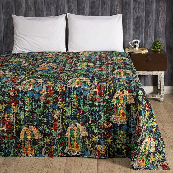 Frida Kahlo Cotton Quilted Kantha Bed Cover, Bohemian Kantha Quilt Blanket