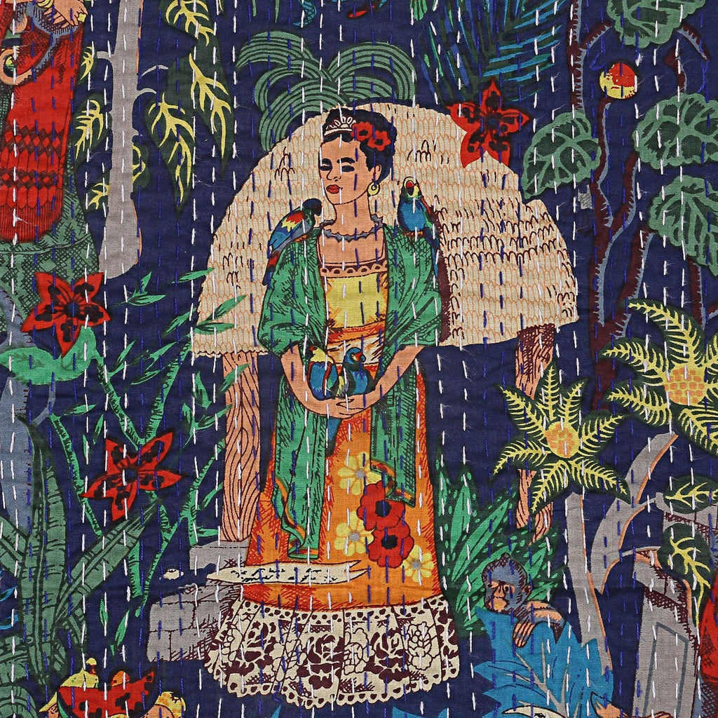 thumbnail image 2 of Indian Kantha Quilted Throw - Pure Cotton Blanket, Large 70x50 Inch - Frida Kahlo Art Deco Sofa Throw 2 of 6