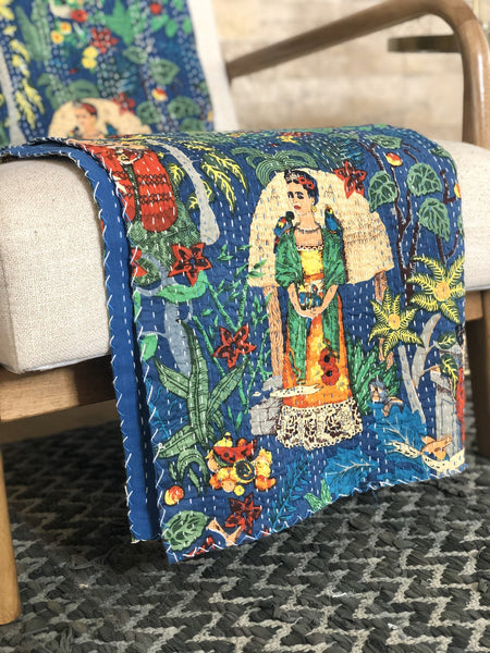 Frida Kahlo Pattern Quilted Kantha Bedding Bed Cover Bedspread 90 X 108