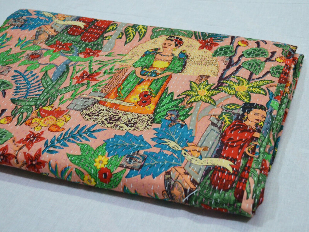 Trapunta Kantha Con Stampa Frida Kahlo Più Recente, Copriletto Indiano - Foto 5