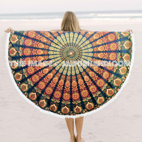Fringed Mandala Beach Towels – Round Mandala Fringe Beach Towels Throw-Jaipur Handloom