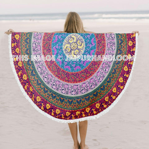 Fringed Purple Round Mandala Beach Throw Blankets Round Beach Towel-Jaipur Handloom