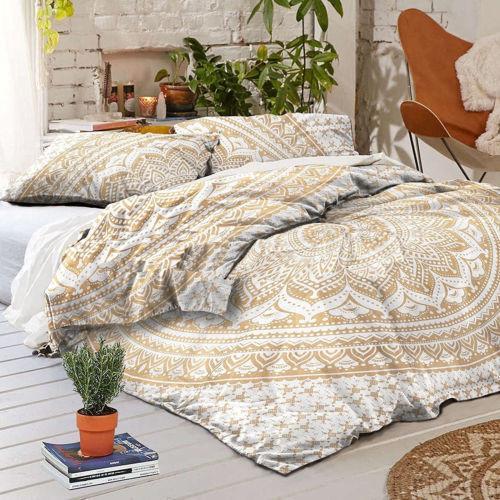 Golden Mandala Duvet Cover in King Size Bohemian Indian Comforter Cover with 2 Pillows-Jaipur Handloom