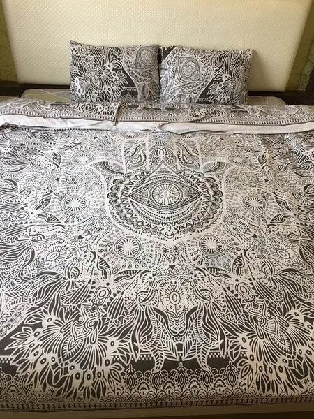 Good Luck Gray Cotton Bedding Set With Matching Pillows-Jaipur Handloom