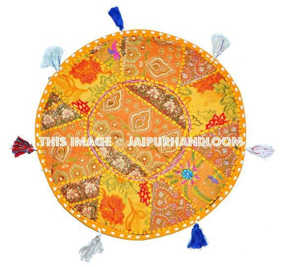 Gorgeous 32" Big Round Floor Cushion floor round pillow seating Bohemian Patchwork ottoman pouf Vintage Indian Foot Stool Bean Bag-Jaipur Handloom