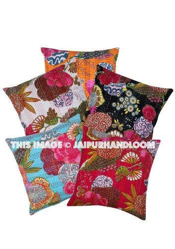 Gorgeous set of 16x16" Floral kantha pillow ,kantha decorative throw pillow, kantha cushions, pillow cushions, Indian pillow cotton Indian sari pillow-Jaipur Handloom