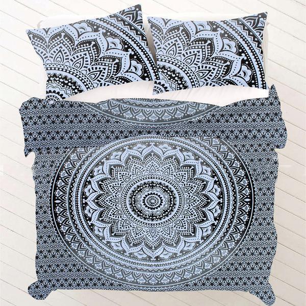 Gray Black Mandala Duvet Cover Set in King Size Bohemian Comforter Cover-Jaipur Handloom