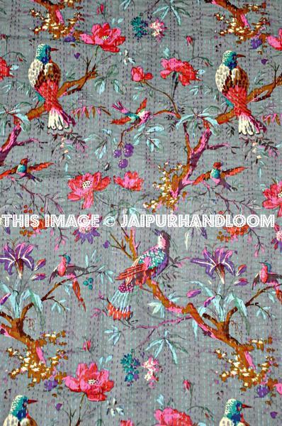 Gray Kantha quilt- Blanket, Quilt In Gray Color, Bird Kantha Quilt, Bedspread, Handmade Cotton Kantha Throw, Floral quilt, Indian Sari Quilt-Jaipur Handloom
