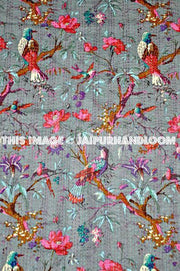 Gray Kantha quilt- Blanket, Quilt In Gray Color, Bird Kantha Quilt, Bedspread, Handmade Cotton Kantha Throw, Floral quilt, Indian Sari Quilt-Jaipur Handloom